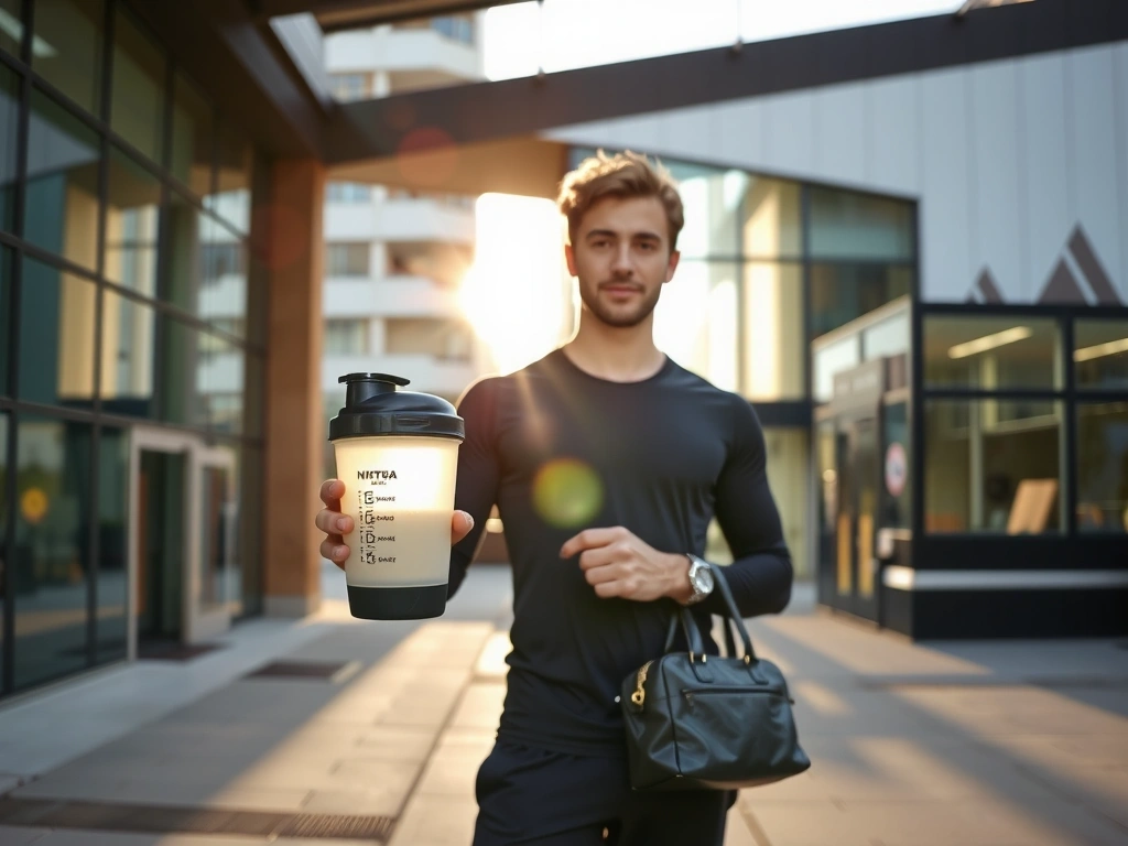 Athlet mit Shaker in München bei Tagesanbruch